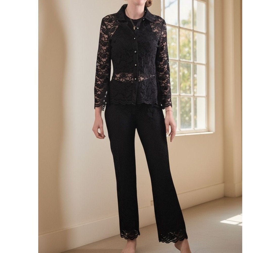 Vintage Black Lace Set Pant Suit Women's Collared Button Down Blouse Trousers